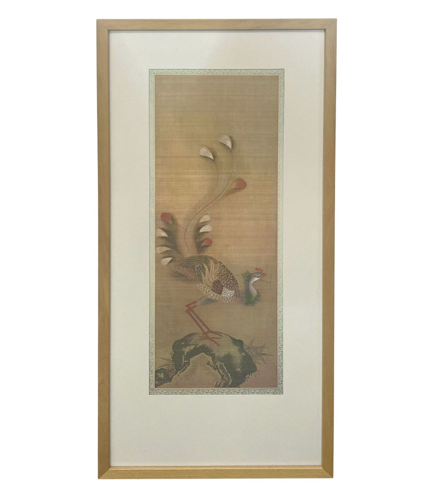 1. "Tall vertical Reperch framed print displaying delicate Japanese bird and botanical art on a beige background."