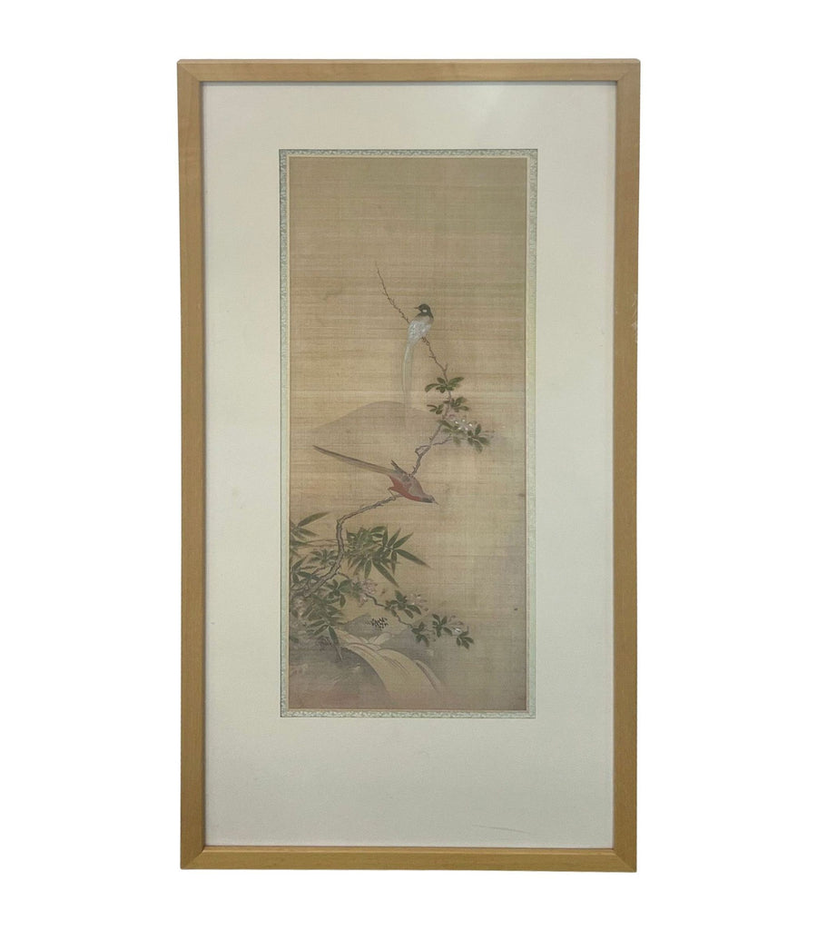1. "Framed Reperch Japanese art print depicting birds among flora, displayed against a wall."