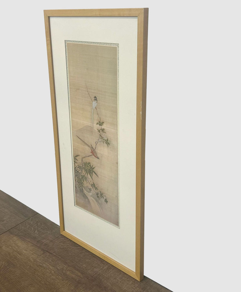 2. "Reperch brand artwork of birds in a garden setting, encased in a wooden frame."