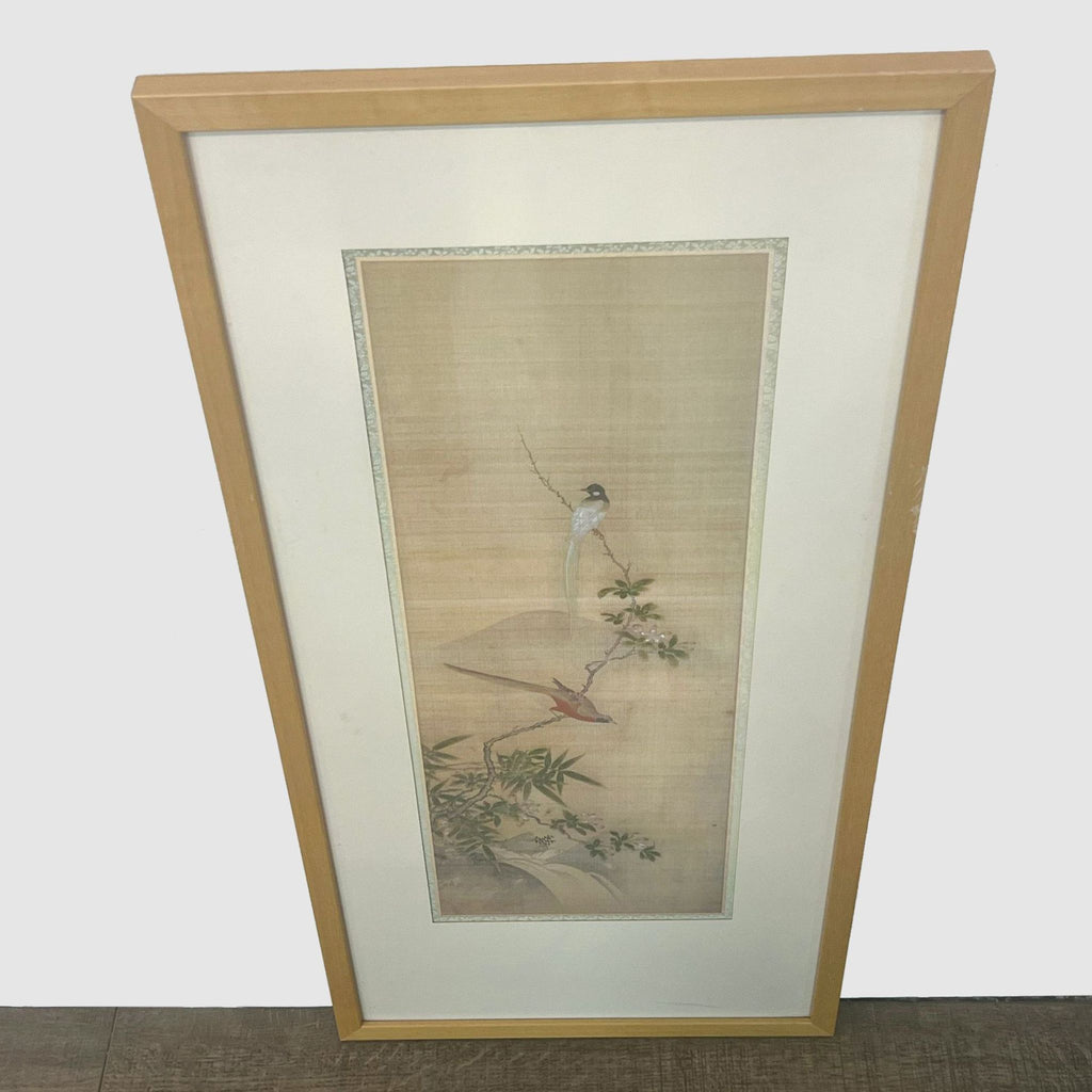 3. "Vertical Reperch drawing featuring avian subjects in a botanical landscape, framed for hanging."