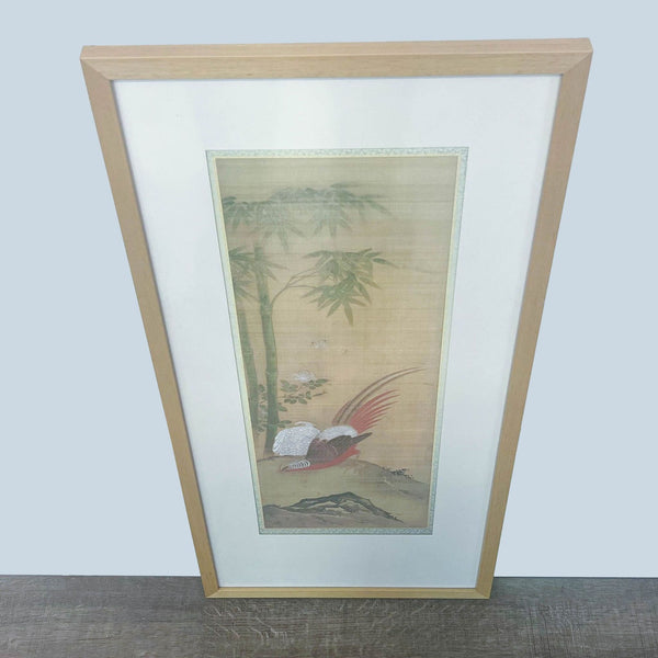1. "Reperch framed art print featuring a Japanese bird in a natural setting, displayed against a light background."