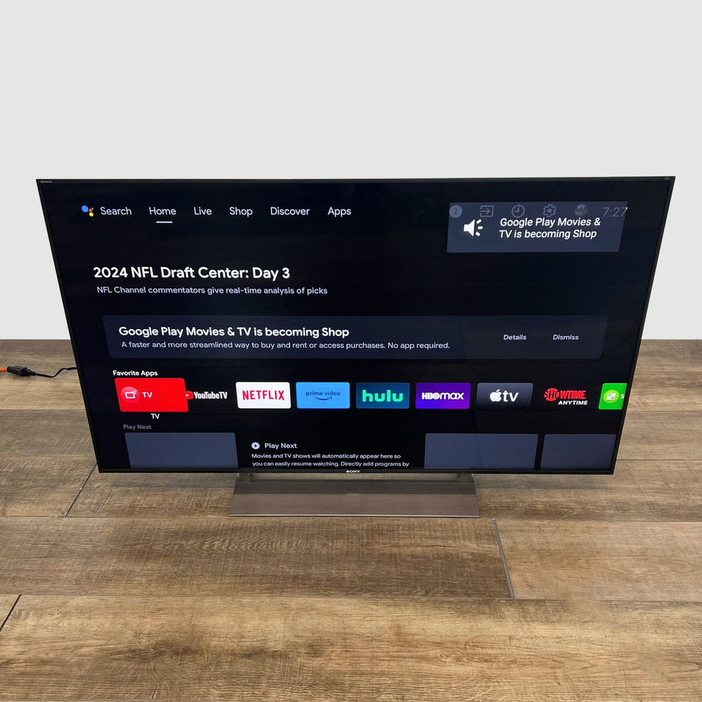 User interface on Sony TV showcasing apps like Netflix and Hulu.