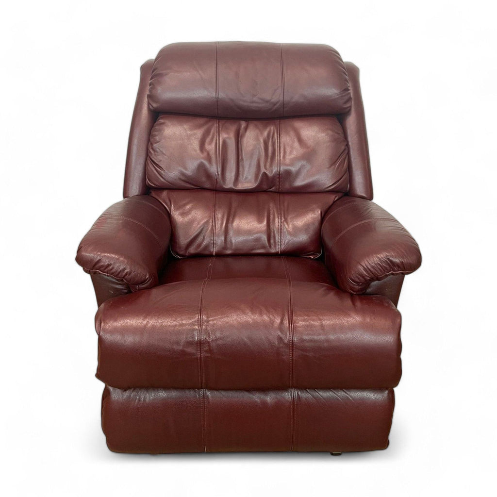 La-Z-Boy faux leather recliner with power recline, headrest, and footrest in upright position. Includes USB port.