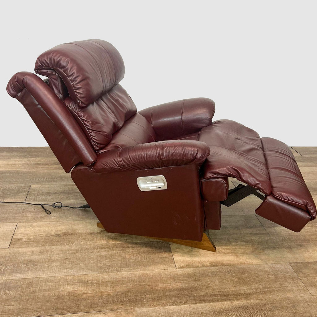 Side view of a La-Z-Boy recliner partially reclined, highlighting the power controls and built-in USB port.