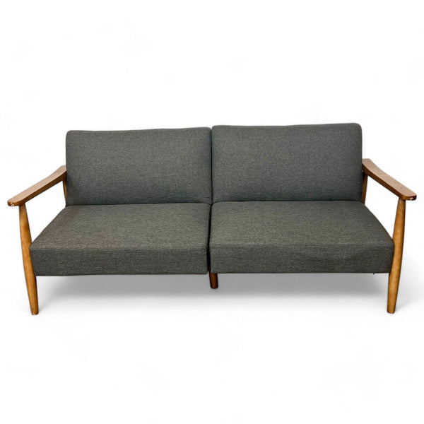 Mid-century futon with wooden frame and grey linen upholstery, by Dorel Home Products.