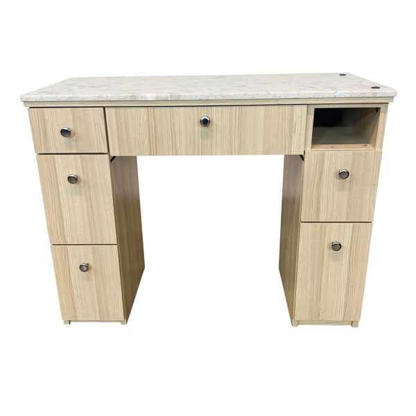 1. Reperch marble-topped wooden desk, front view, with a single drawer and multiple compartments.