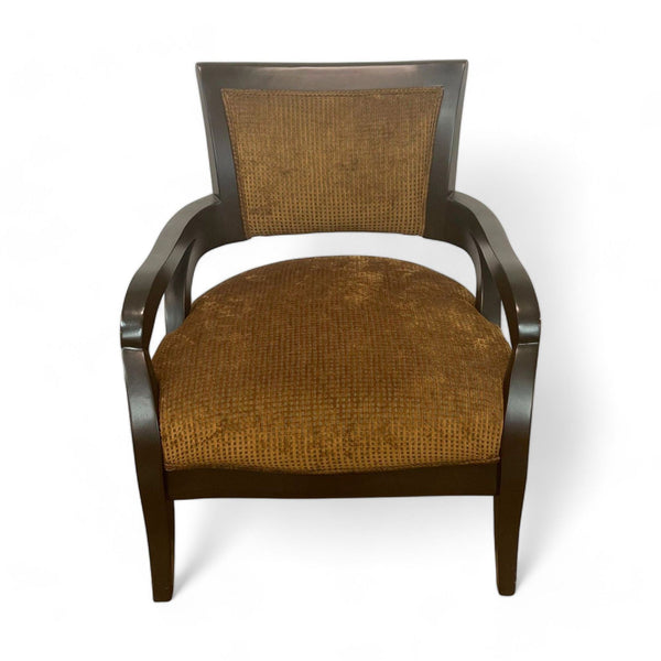 1. Contemporary Lazar Industries accent chair with a dark wood frame, and brown upholstered seat and back, on a white background.