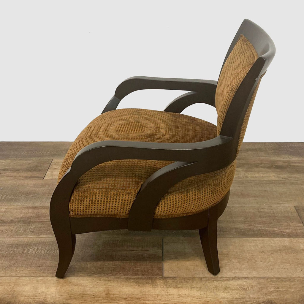 2. Side view of a modern lounge chair by Lazar Industries with dark curved wooden arms and textured upholstering, on a wooden floor.
