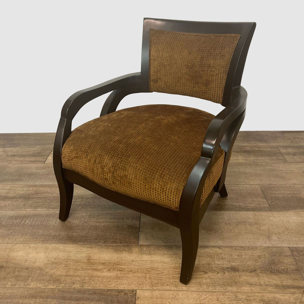 3. Dark-finished wooden frame accent chair by Lazar Industries, featuring a brown patterned upholstered seat and backrest.