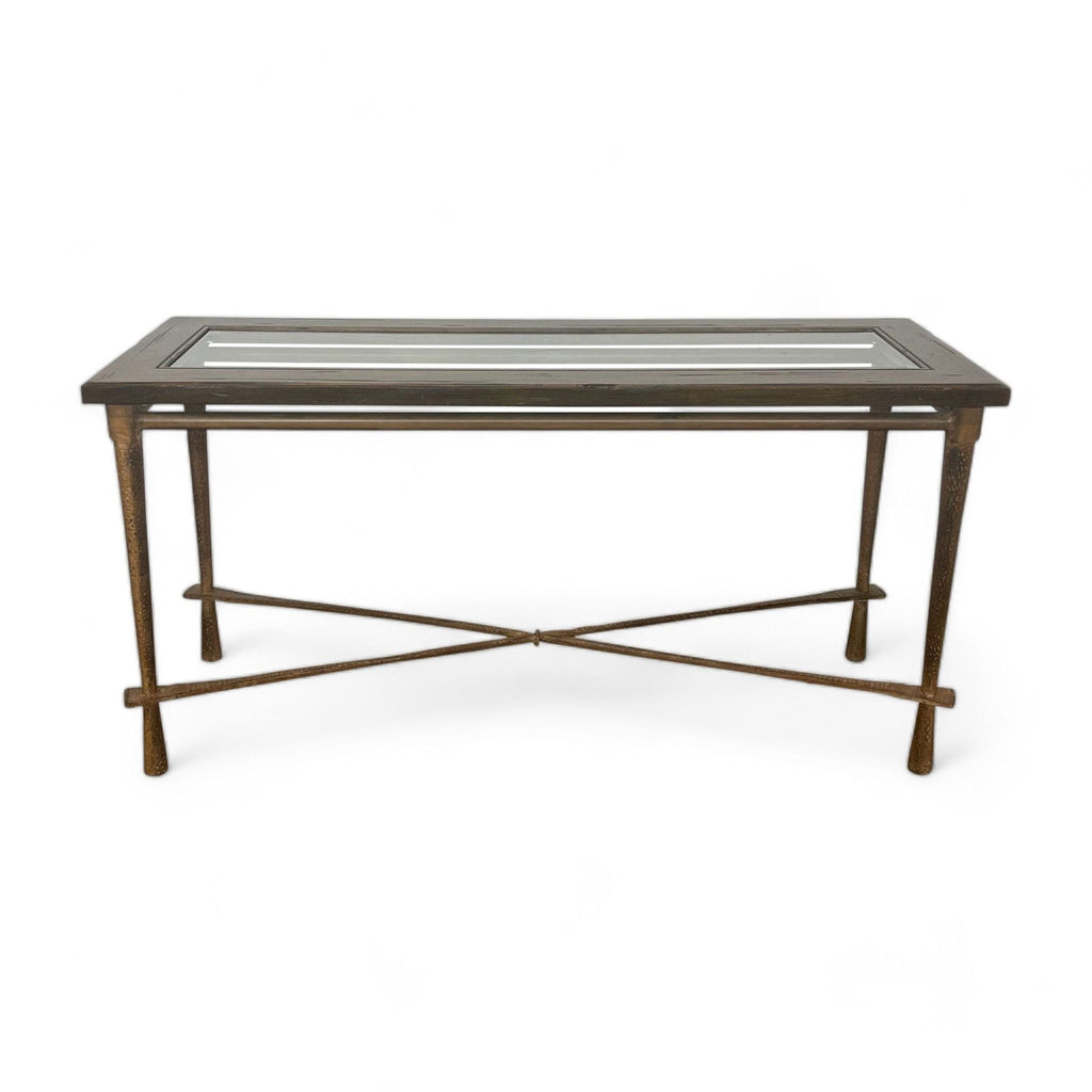 Reperch brand side table with beveled glass top, wood frame, and metal base on white background.