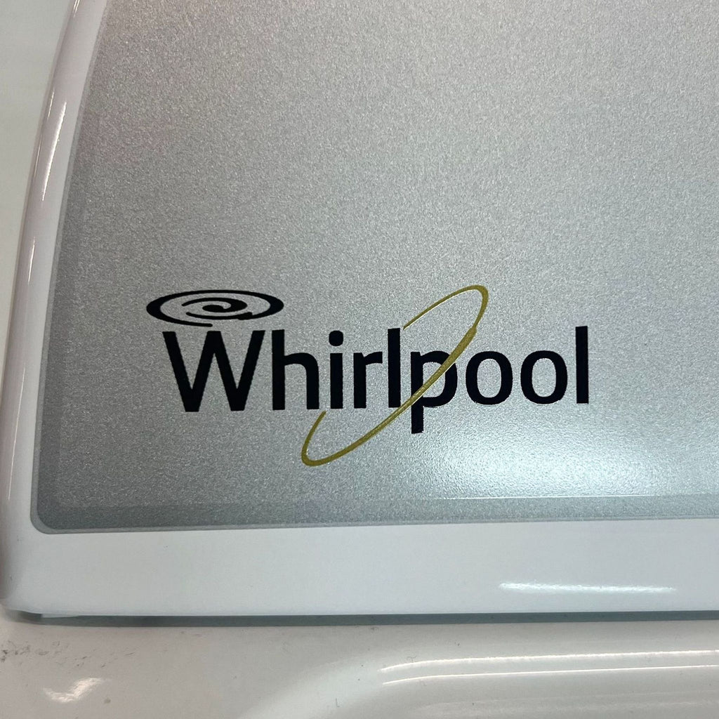 Close-up of the Whirlpool logo on a gray control panel of a High-Efficiency Top-Load Washer.