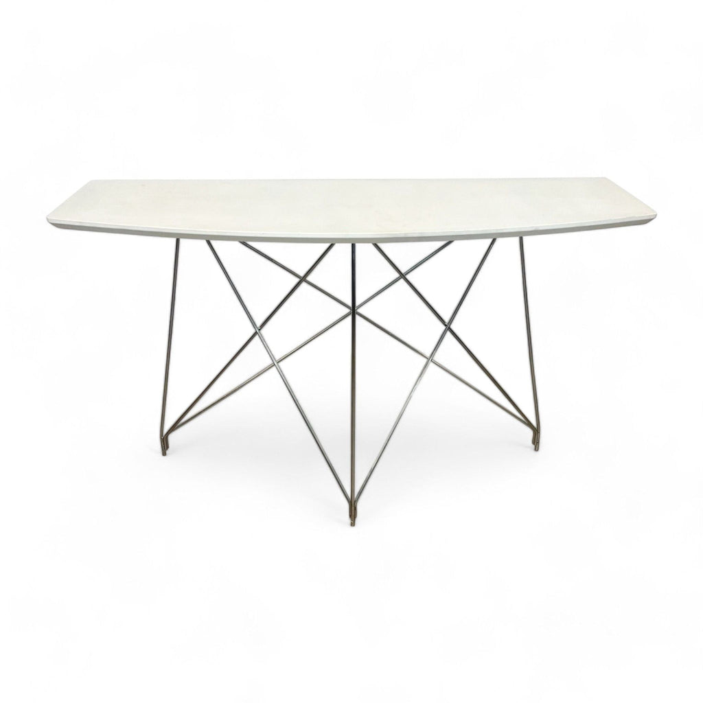 Reperch brand modern console table with a white top and crossed metal legs on white background.