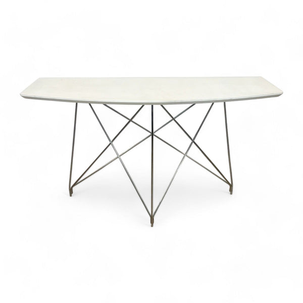 Reperch brand modern console table with a white top and crossed metal legs on white background.