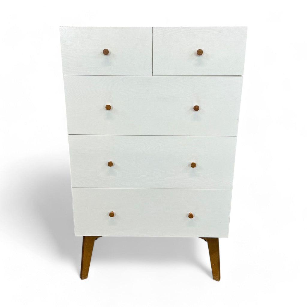 West Elm white highboy dresser with 5 drawers and wood knobs.