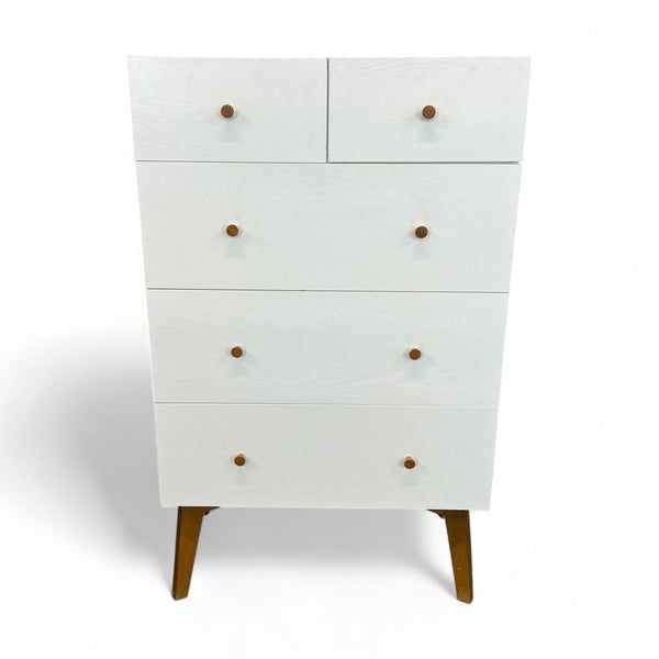 West Elm white highboy dresser with 5 drawers and wood knobs.