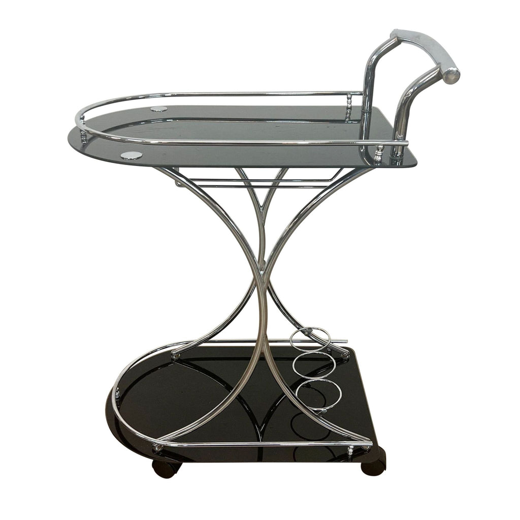 Orren Ellis brand black glass and stainless steel bar cart with bottle holders and storage from an angled view.