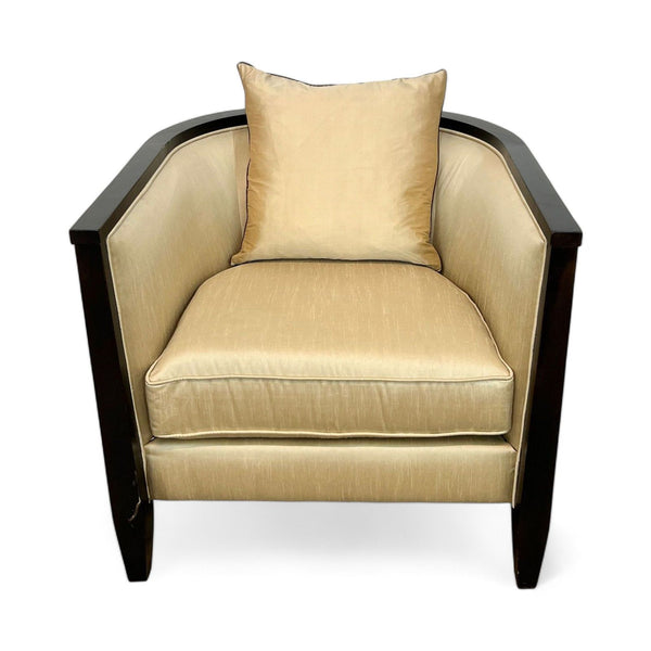 Reperch contemporary barrel back chair with silk upholstery and dark wooden frame, frontal view.