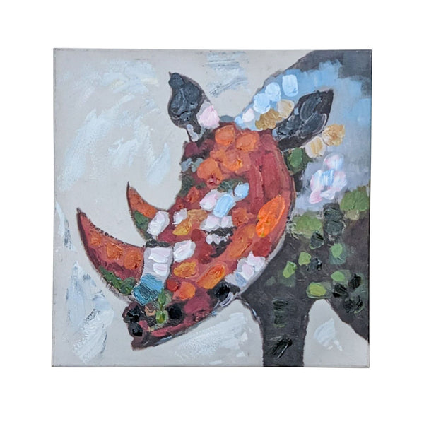 Colorful Reperch oil painting of a rhino on canvas, with vibrant brush strokes.
