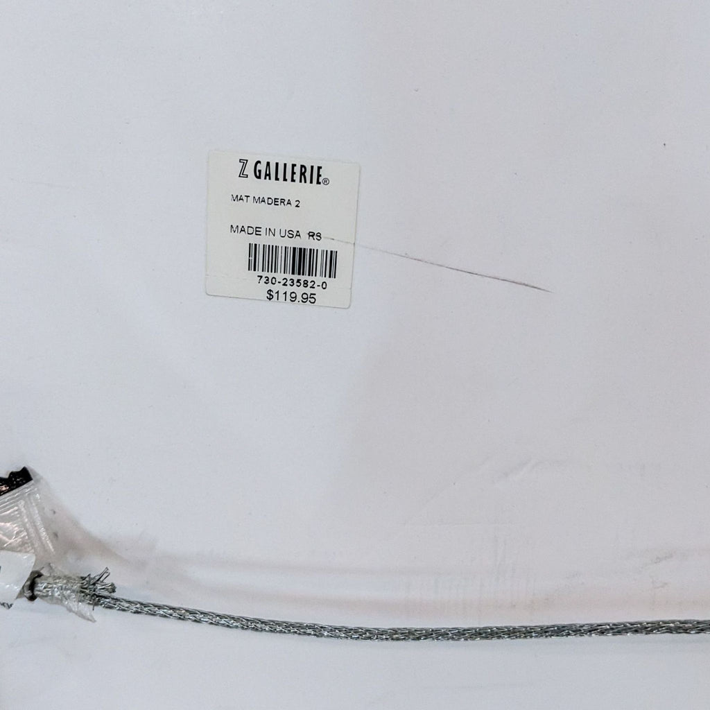 3. Price tag on the back of a Z-Gallerie abstract art piece labeled "MAT MADERA 2," indicating it is made in the USA and priced at $119.95.