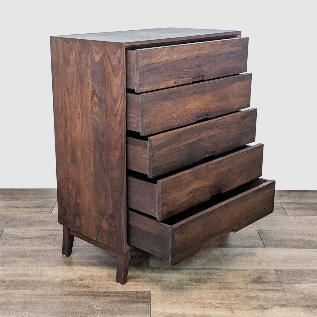 Side view of Steppe dresser with drawers open, showing recessed handles.  