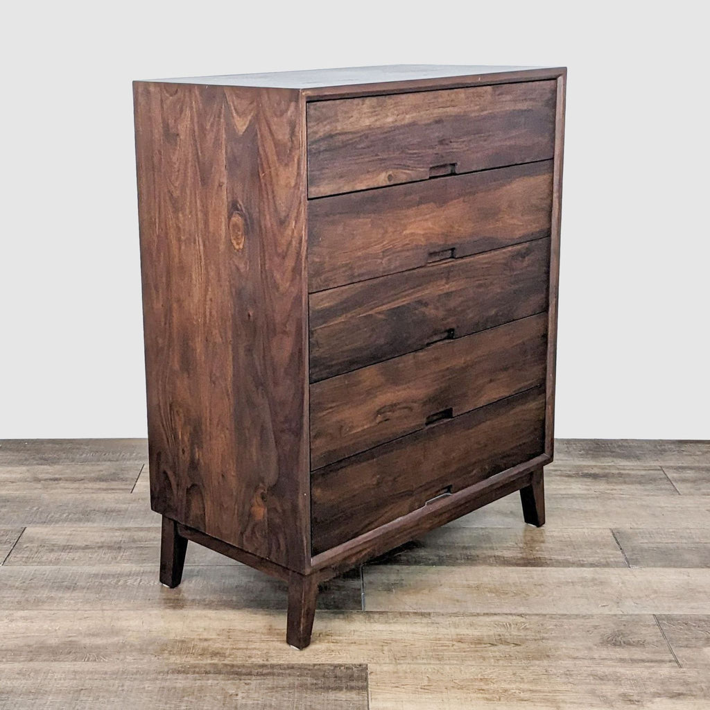 Steppe dresser by Crate & Barrel, mid-century design, dark wood, 5 drawers closed.  