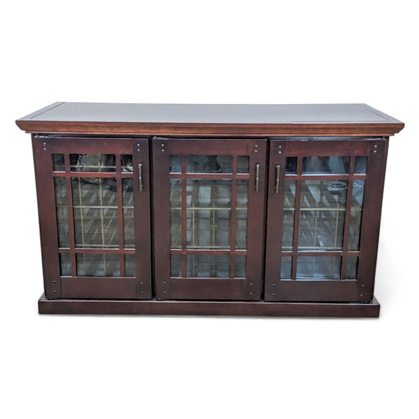 Elegant Le Cache wooden wine refrigerator with transparent glass doors and a sturdy build, showcasing storage functionality.