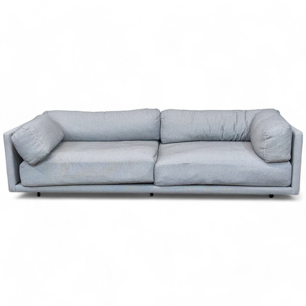 1. A modern 3-seat Sunday sofa by Blu Dot with a deep seat and low profile, upholstered in gray fabric, on a white background.