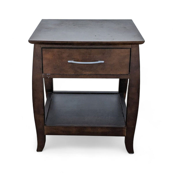 1. Baronet Furniture end table with a drawer and lower shelf in a dark wood finish, isolated on a white background.