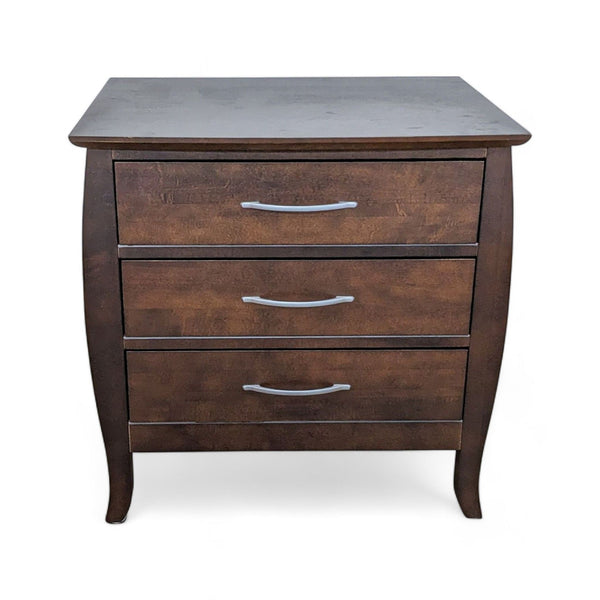 1. Baronet Furniture end table with a dark finish and three drawers, front view on a white background.