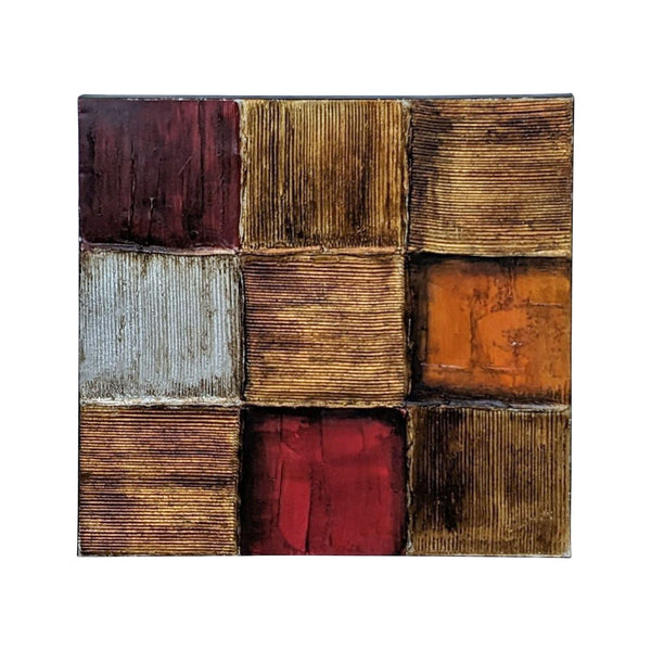 Reperch's textured geometric cube pattern canvas with earthy and deep red tones.