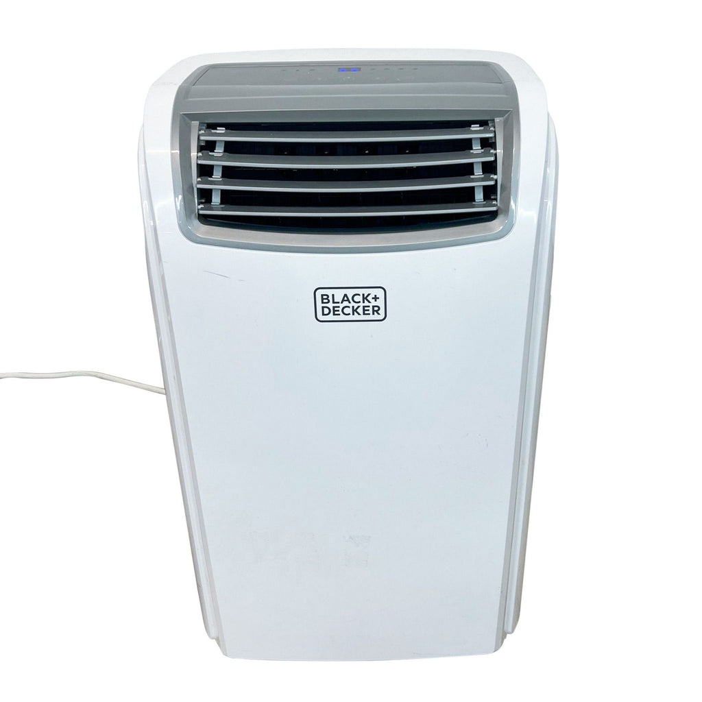 1. Portable Black + Decker air conditioner isolated on white background, front view showing brand logo.