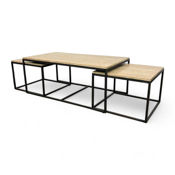 the coffee table is a modern coffee table with a wooden top and a metal frame.