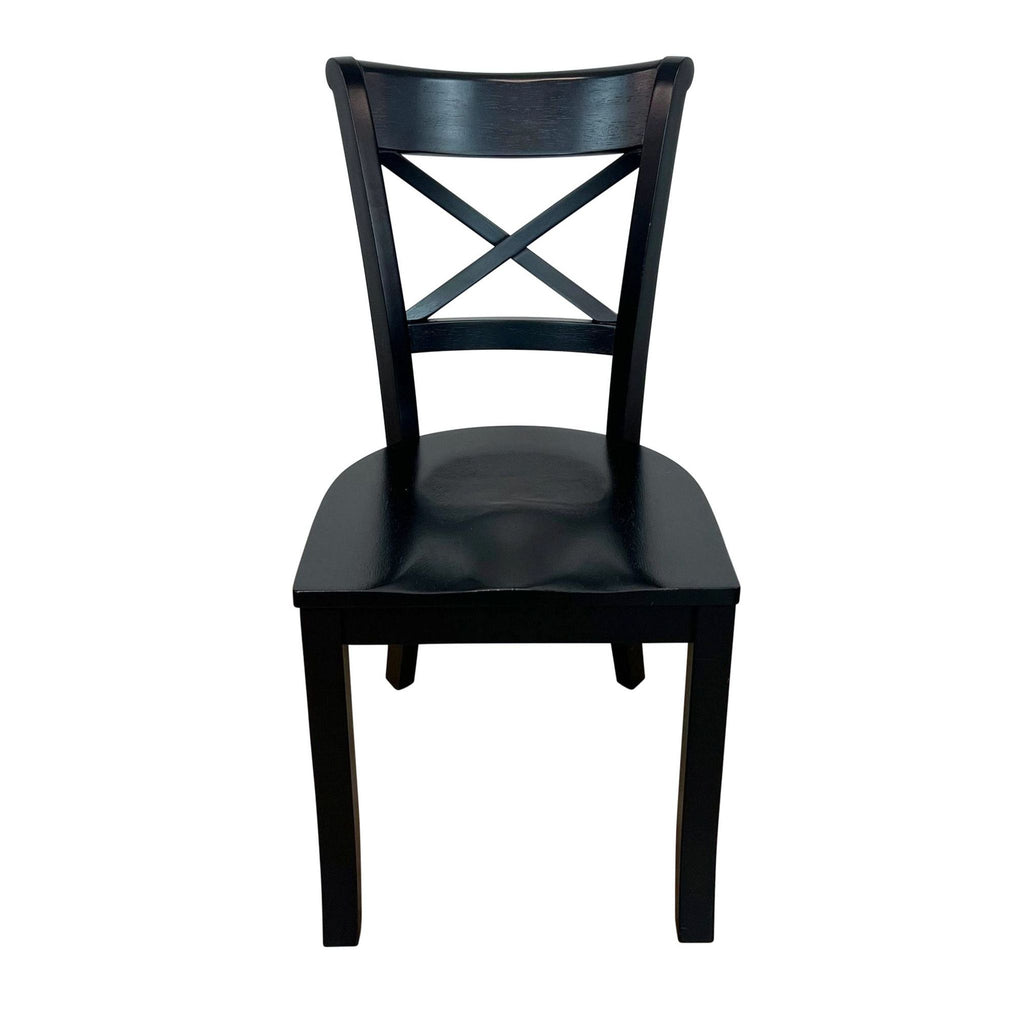 1. "Crate & Barrel Vintner side chair with a comfortable, carved seat and contoured 'X' back in black finish, farmhouse style."