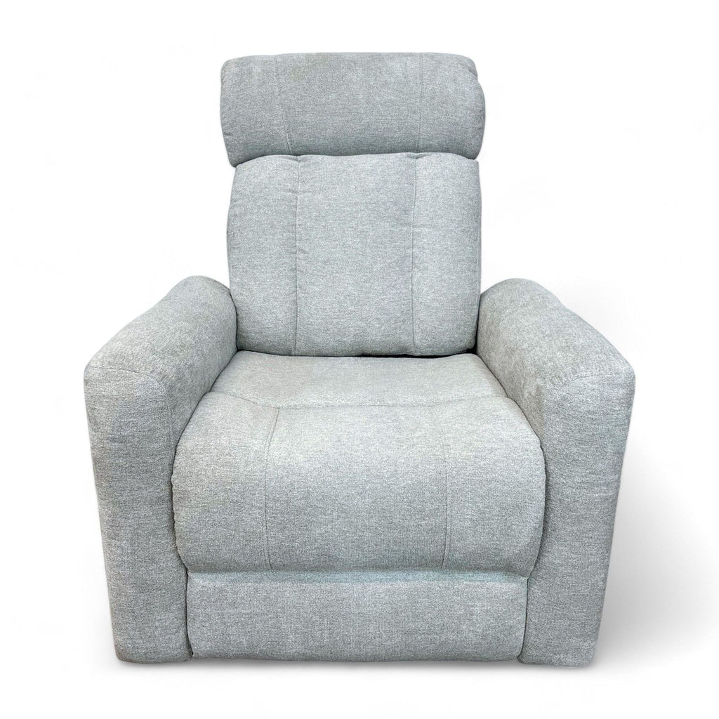 1. Halo II Wallaway power recliner from Living Spaces, shown upright, with grey cushioned fabric and a built-in USB port.