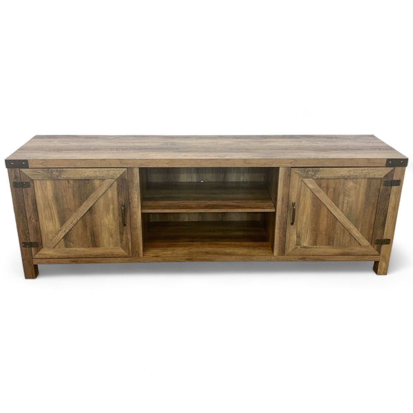 1. Walker Edison rustic entertainment center made of MDF with barn-style cabinet doors, metal hinges, and handles.