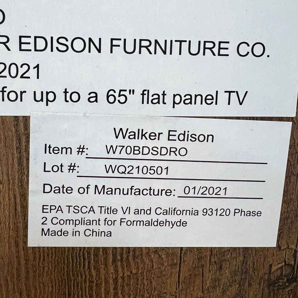 3. Close-up of a label detailing Walker Edison furniture specifications including model number and manufacturing date.