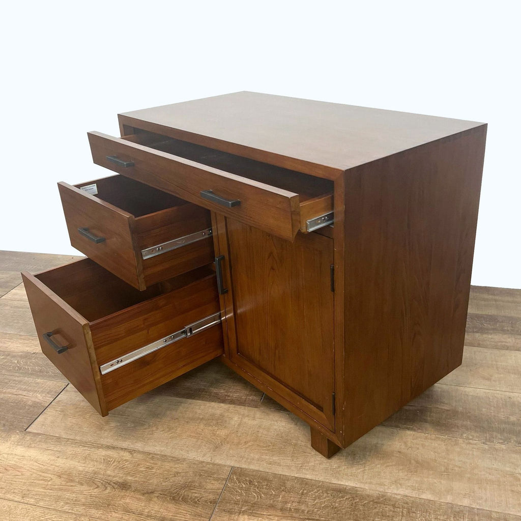 2. Crate & Barrel secretary desk open revealing interior drawers and a dropdown top.