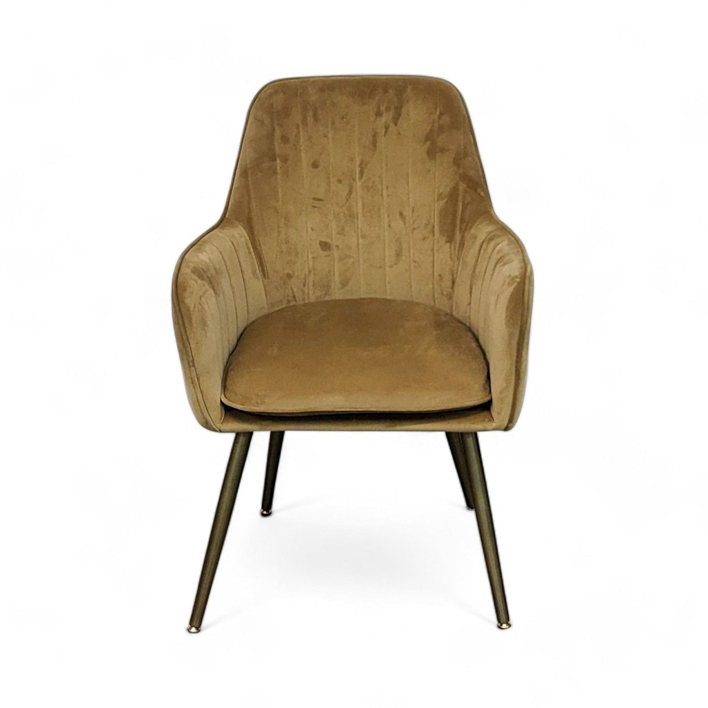 Mid-Century style Reperch accent chair with channel tufting and tapered wood legs, upholstered in gold velvet fabric.