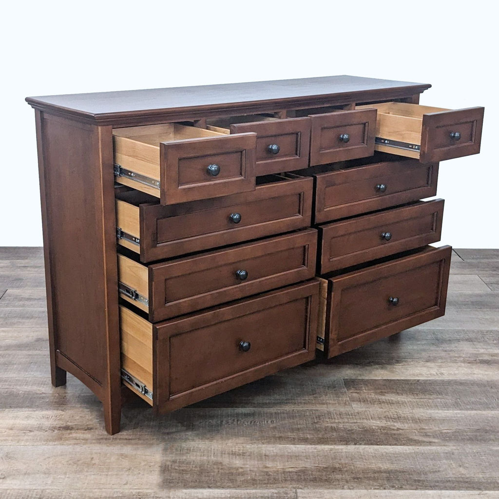 2. Open drawers of the McKenzie dresser by Whittier Wood Furniture showcasing dovetail joinery and full extension ball bearing glides.