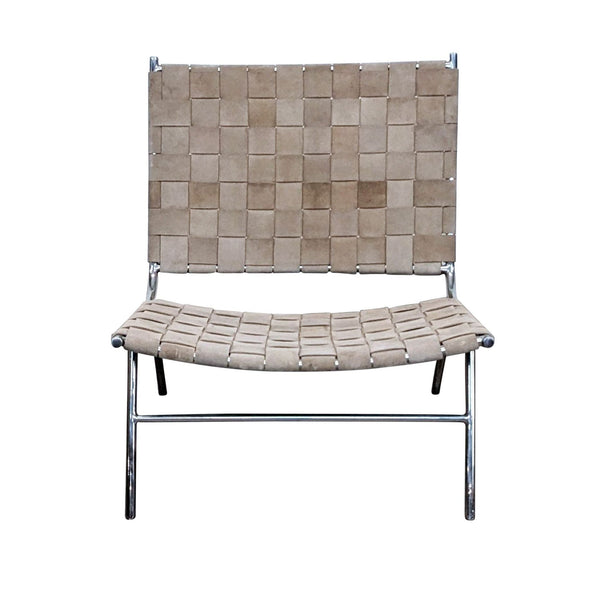 1. Chrome-finished metal frame chair with camel suede woven seat and back, isolated on a white background - by CB2.