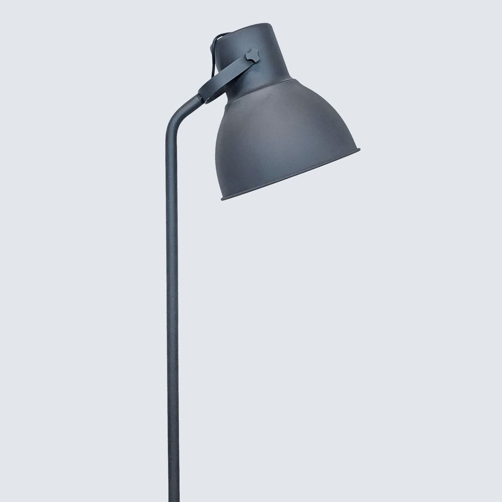 Side view of a modern Reperch floor lamp with a curved neck in grey and black.