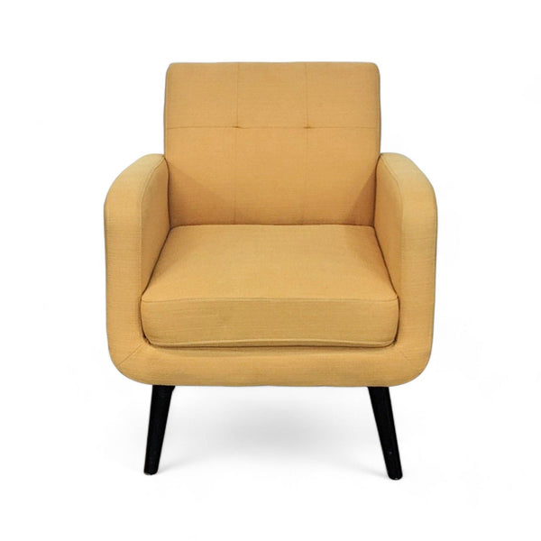 Alt text 1: Mid-century modern Handy Living armchair with tufted square back, square arms, and slender round legs, in a mustard yellow fabric.