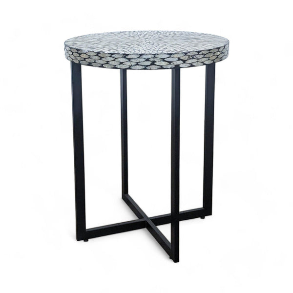 1. "Reperch side table with a mosaic-style tabletop and sleek metal legs, isolated on white background."
