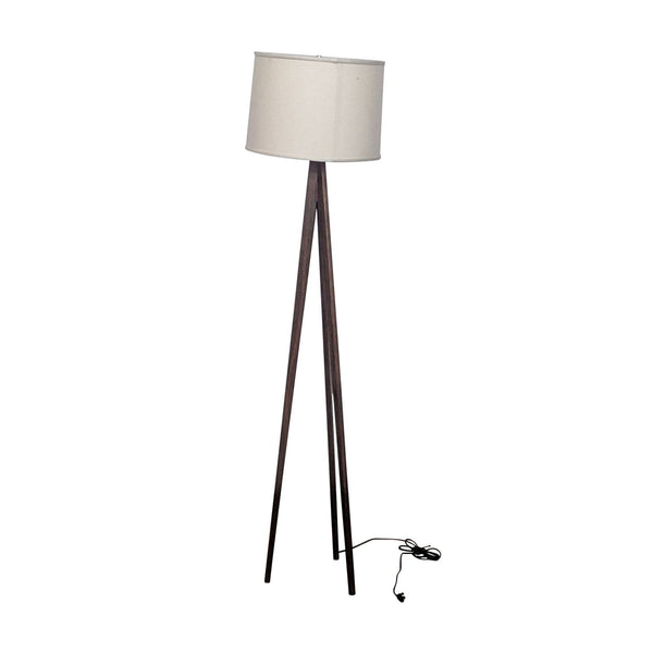Reperch floor lamp with a beige drum shade and dark wood tripod base.  