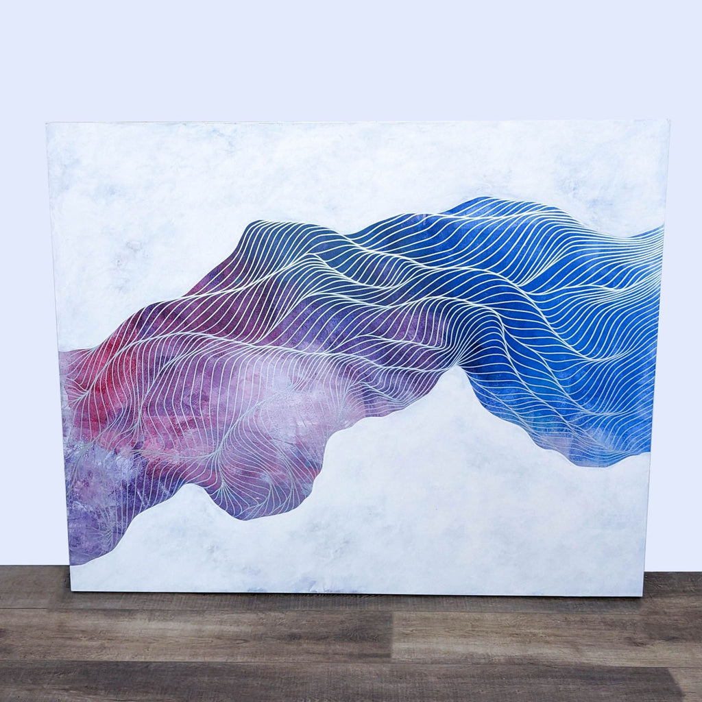 1. Abstract acrylic and oil painting on wood by Tracie Cheng, depicting undulating blue and purple lines resembling waves, against a white background.