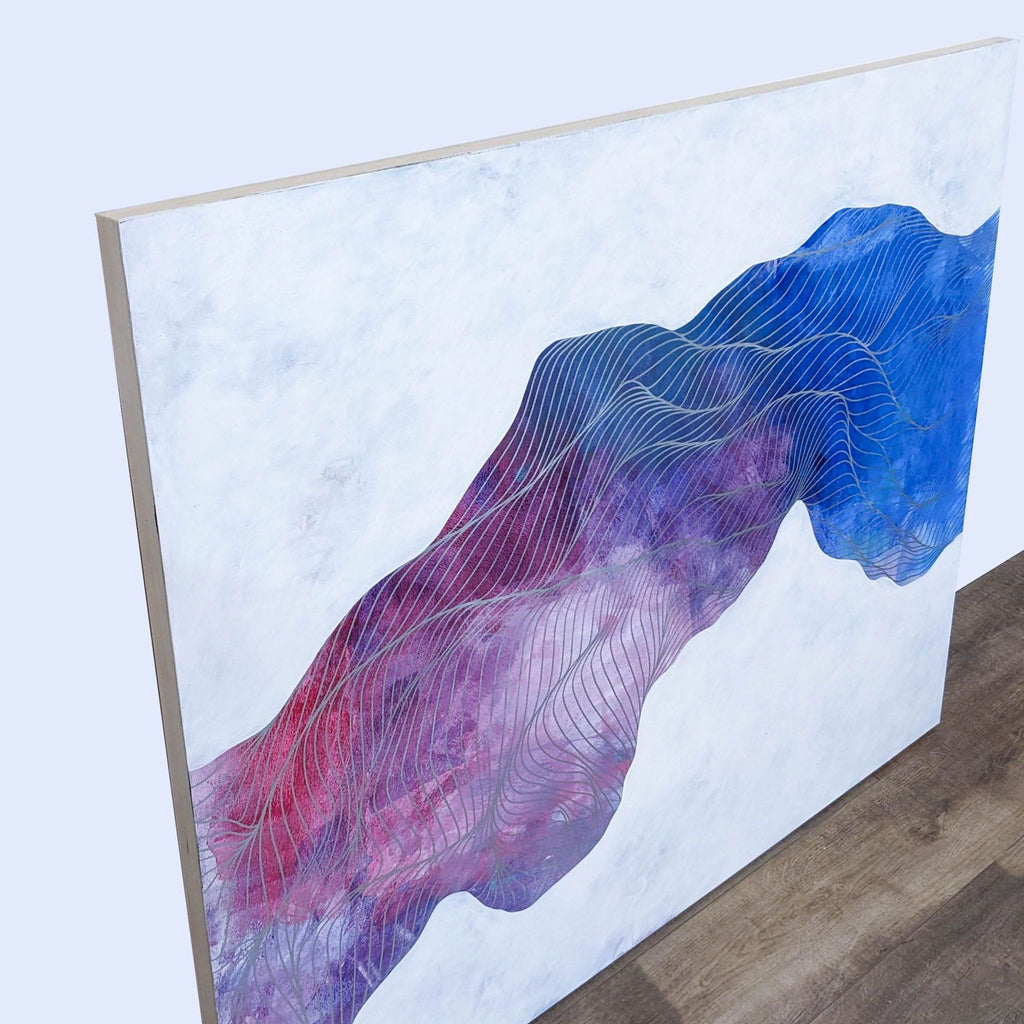 2. Artwork by Tracie Cheng with a vibrant blend of blue and purple hues creating a wave-like formation on a white canvas, titled The Sea and The Sun.