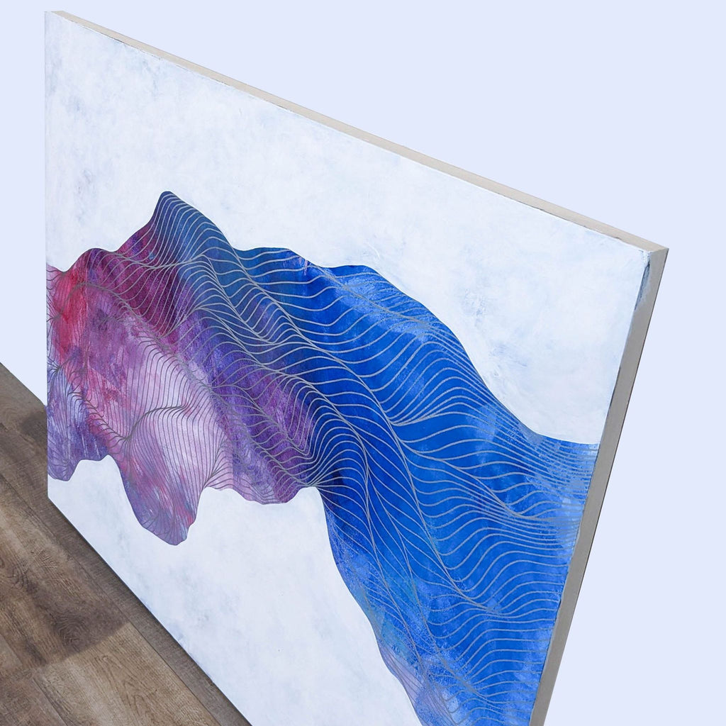 3. Tracie Cheng's painting, using acrylic and oil, presents rhythmic lines in shades of blue and purple, giving the illusion of an ocean's movement.