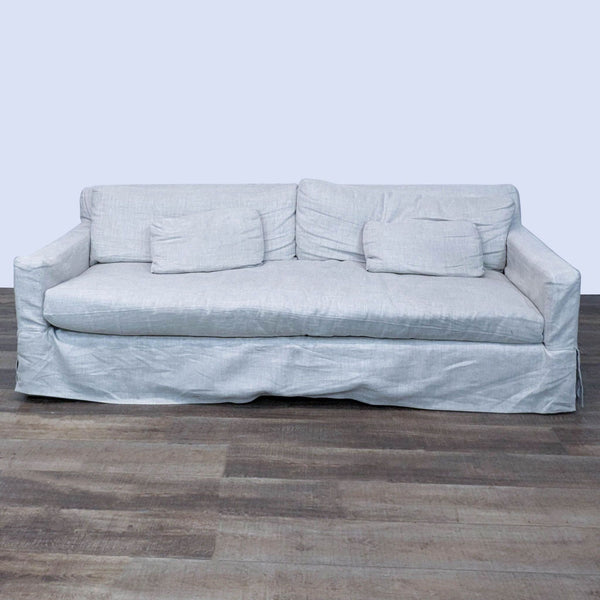 1. Restoration Hardware Belgian sofa, 3-seat, bisque textured linen, with sloped arms and down-filled cushion.
