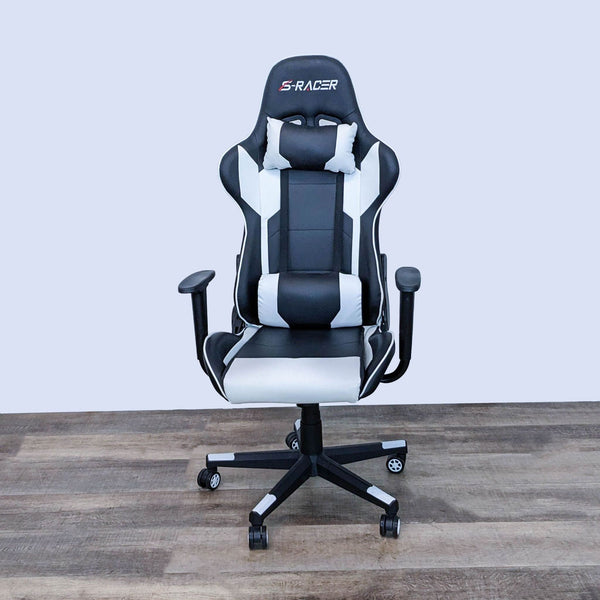 Homall gaming chair in race-inspired style with padded seat, lumbar support, headrest, and 90 to 170-degree angle adjustability.