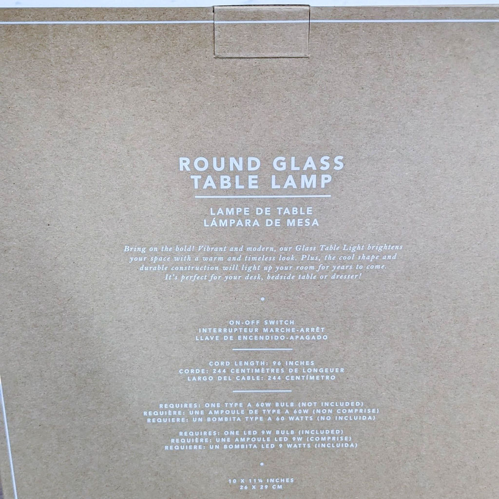 2. Close-up of Pottery Barn Teen lighting box detailing product features and specifications in various languages.